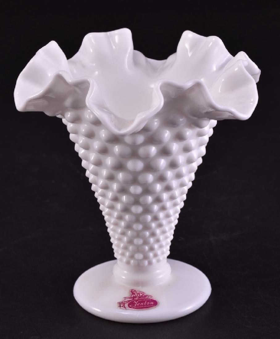 Fenton Milkglass Hobnail Flaring Vase: Double crimped edge, original sticker on base, 5.5" high.