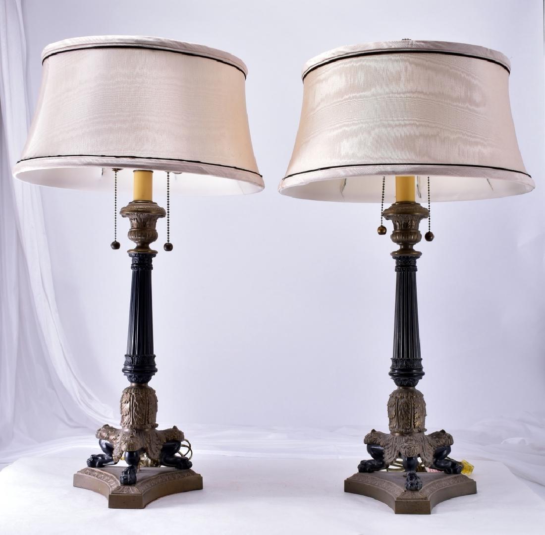 Pair Brass Lamps w/Moire Silk Shades (1 of 3)