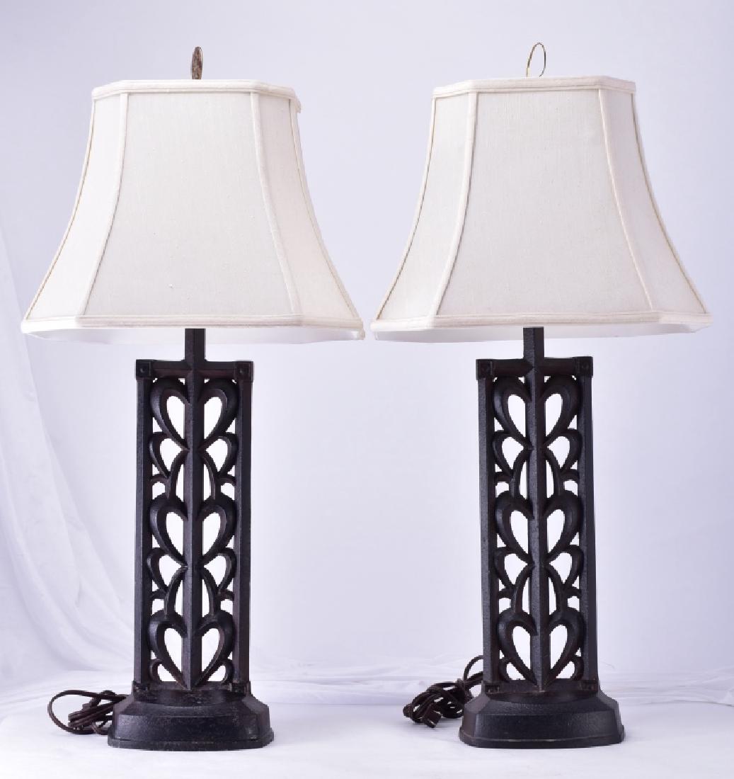 Two Black Metal Pierced Lamps w/Trapezoidal Silk Shades (1 of 2)