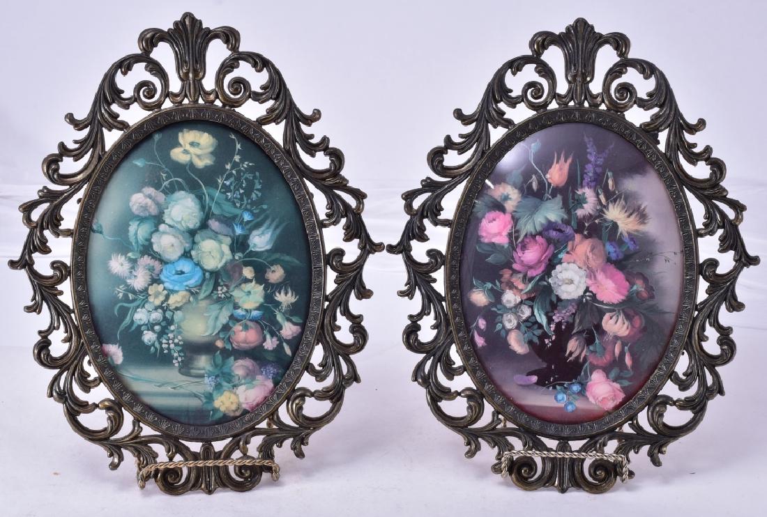 Italian Metal Ovals w/Flowers Behind Convex Glass: 13.5" high x 10.5" wide.
