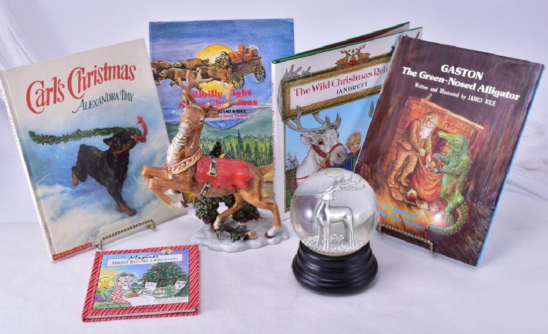 Christmas Ceramic Reindeer, Snowglobe & Books: Ceramic 10" high, snowglobe 6.5" high, Hillbilly Night Afore Christmas, Jan Brett's Wild Christmas Reindeer, Carl's Christmas, Gaston and Maxine's Night Before Christmas.
