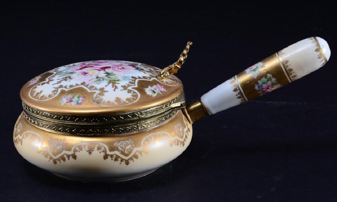 Porcelain Floral & Gold Silent Butler: 5" diameter x 10" to end of handle.