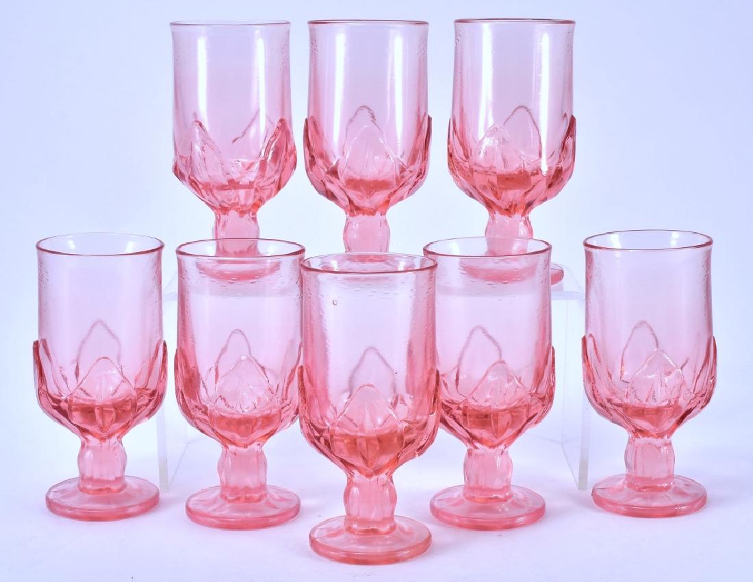 8 Heavy Pink Glass Water Goblets: Raised leaf design at base of bowl, 6.75" high.