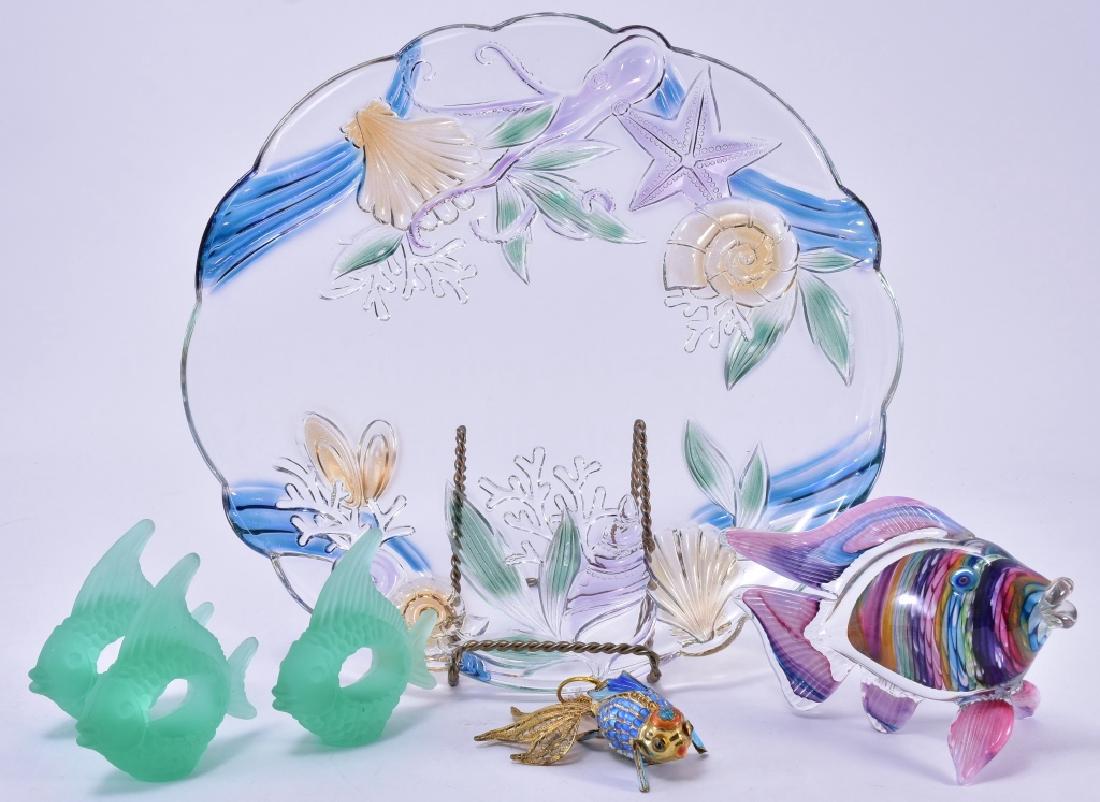 Multi-Color Sealife Glass & Cloisonné Lot: Colorful 14" diameter platter, multi-color glass fish figure 6.5" long x 4.5" high, 3 green glass fish napkin rings and cloisonné' fish ornament.