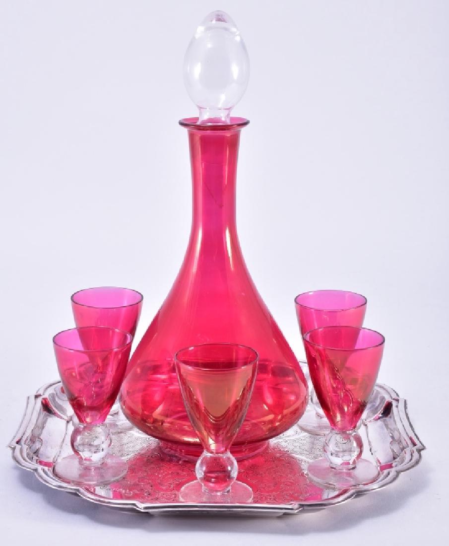 Red Decanter & 5 Glasses on Silverplate Tray (1 of 3)