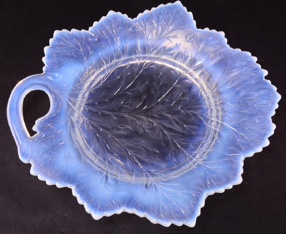 Vintage Opalescent Glass Leaf Dish: Pierced handle, handle to edge 11.5".
