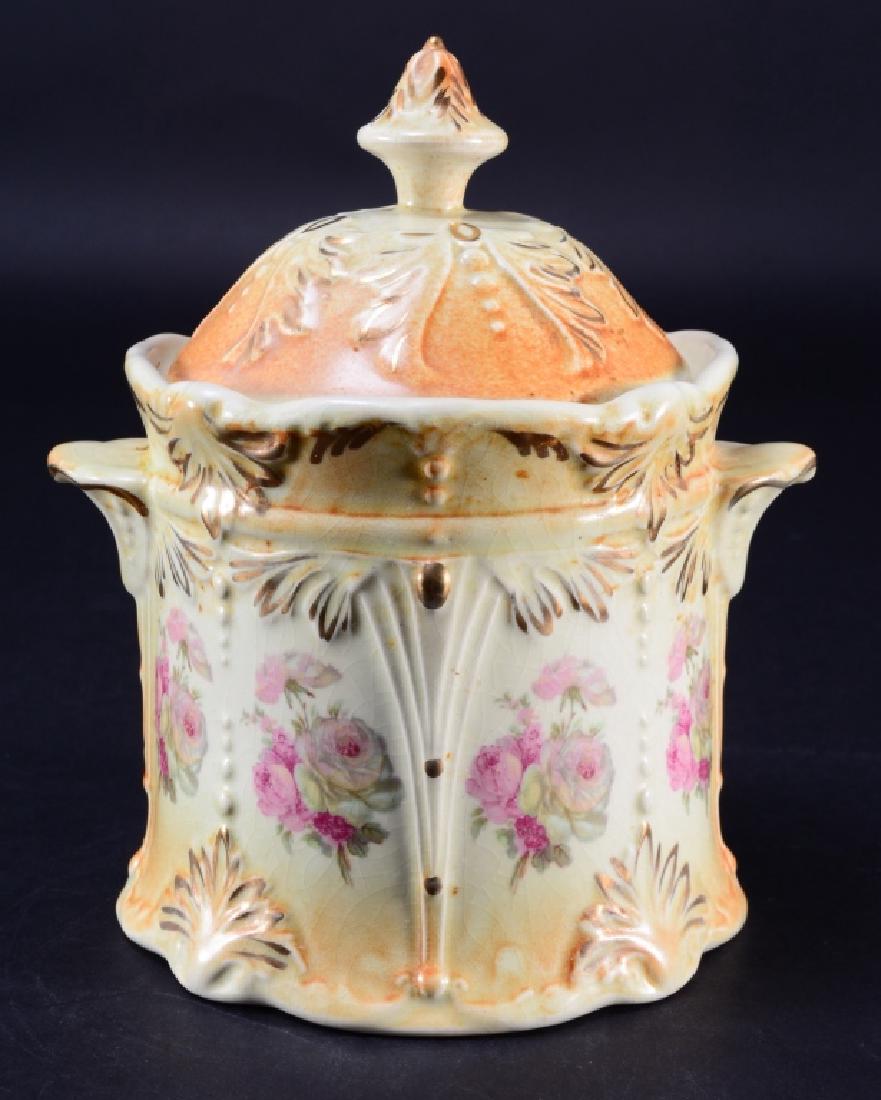 Antique Ceramic Covered Biscuit Jar: Tab handles, 8.25" high.
