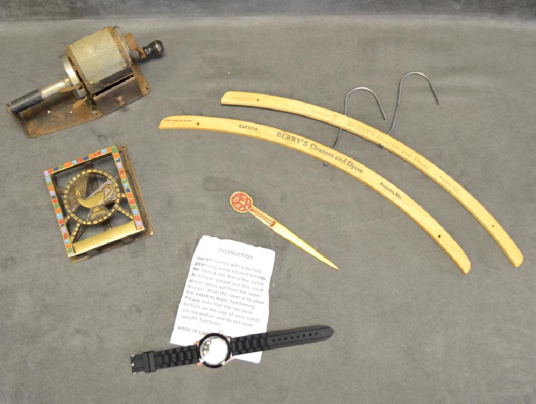 Desk Lot w/Antique Pencil Sharpener and More: Pencil sharpener w/metal tag, Terra Sancta Guild Made in Israel brass letter holder & letter opener (opener further marked 1969), battery watch w/instruction sheet and 2 collectible hangers from Maine