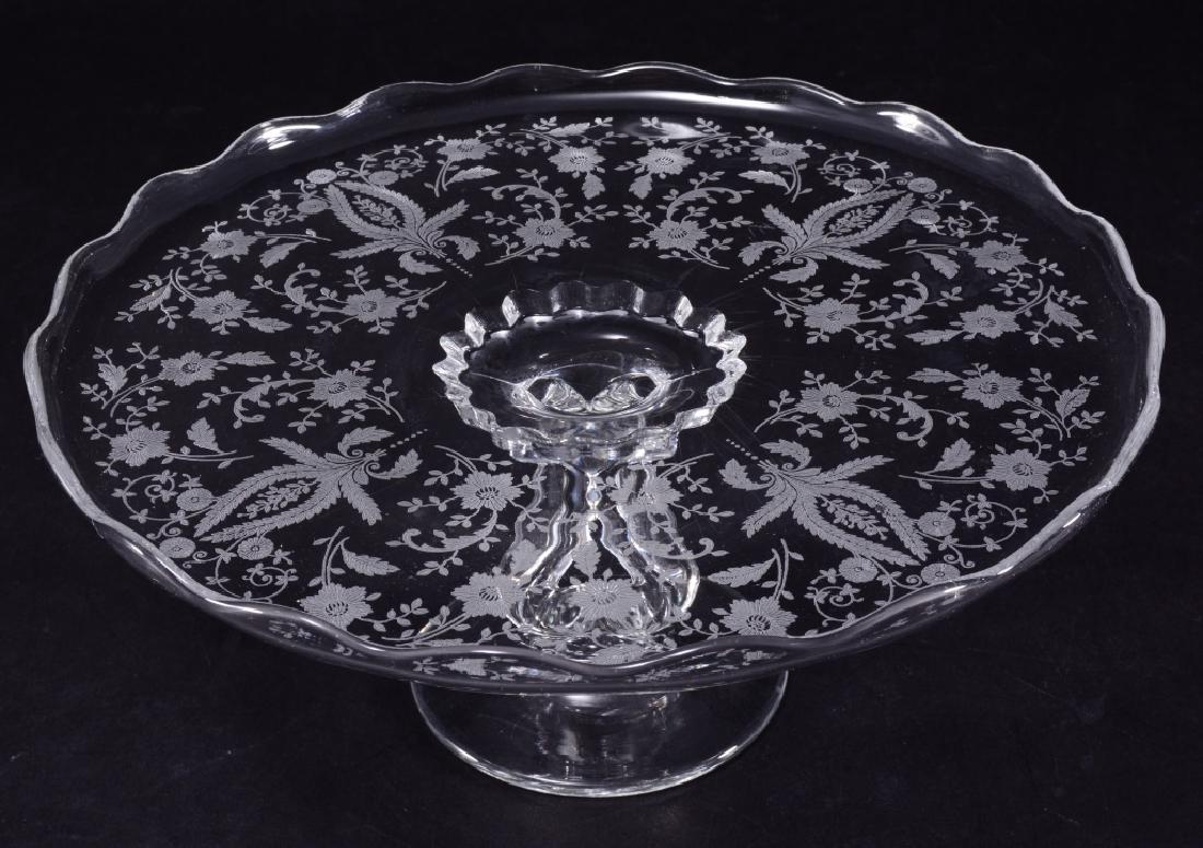 Cambridge Etched Cake Stand w/Lyre Pedestal: 11.75" diameter x 7" high.