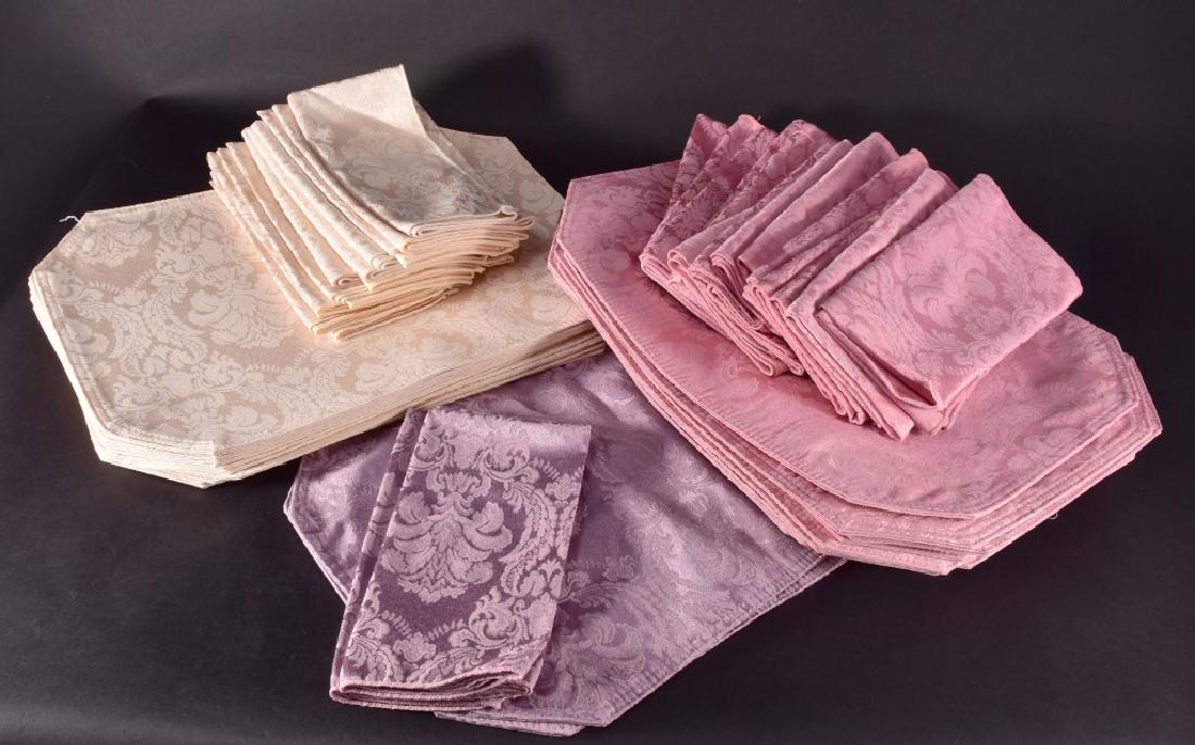 Damask Rose, Purple & Cream Placemats & Napkins: 16 rose placemats w/16 matching napkins, 2 purple placemats w/2 matching napkins and 12 cream placemats w/12 matching napkins.