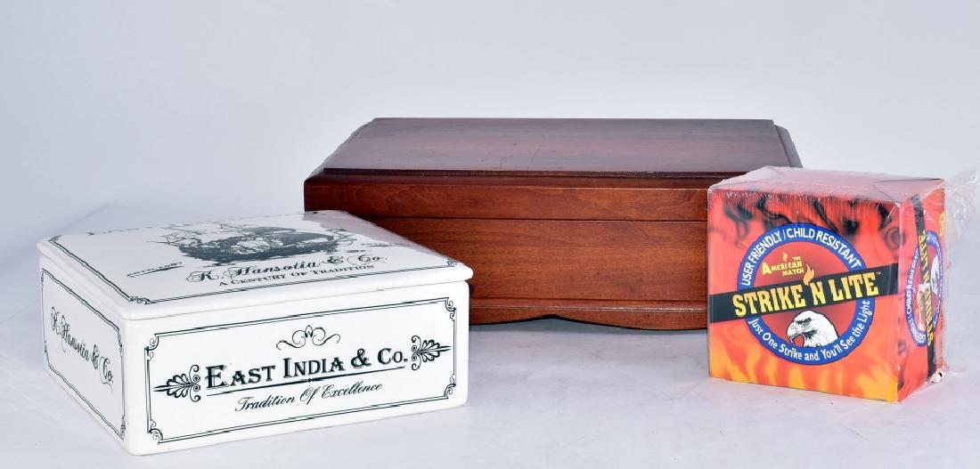 Ceramic East India Cigar Box w/Cigars: W/cigars, matches & lighter and 50 lighters, box 8" x 8.5" x 3.5" high. Tobacco cannot be shipped.