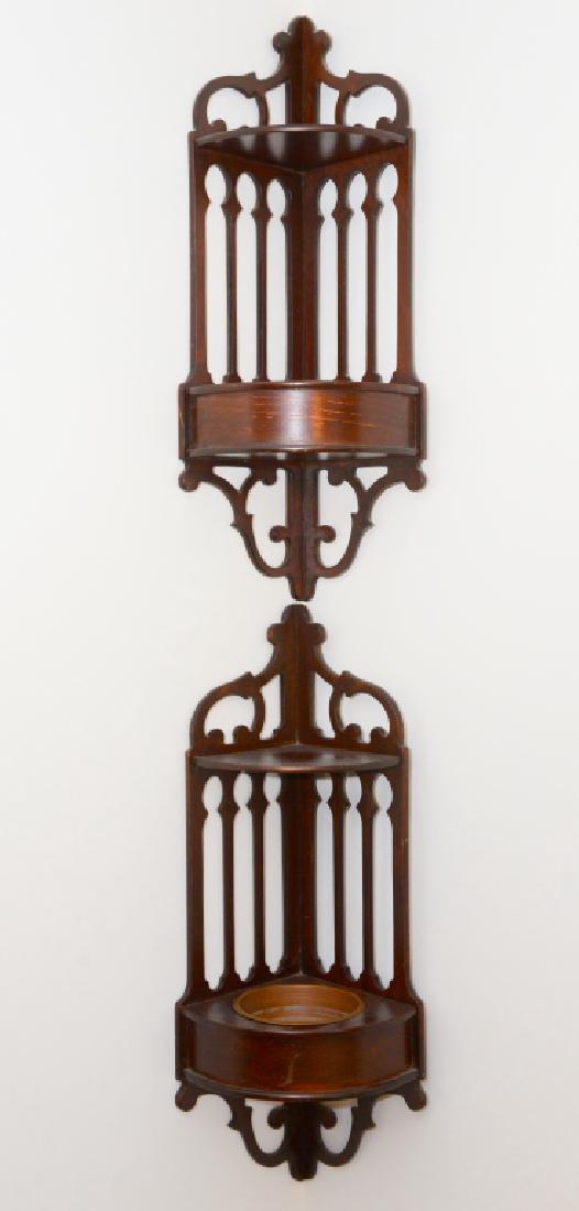 Gothic Style Pierced Corner Whatnots: Planter slots w/copper dishes, 11.5" x 29" high.