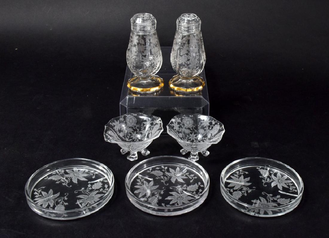Cambridge Wildflower Shakers/Open Salts & Coasters: Gold trim footed salt & pepper shakers w/glass tops; 2 salt cellars, 3" wide and 3 coasters, 3.5" diameter.