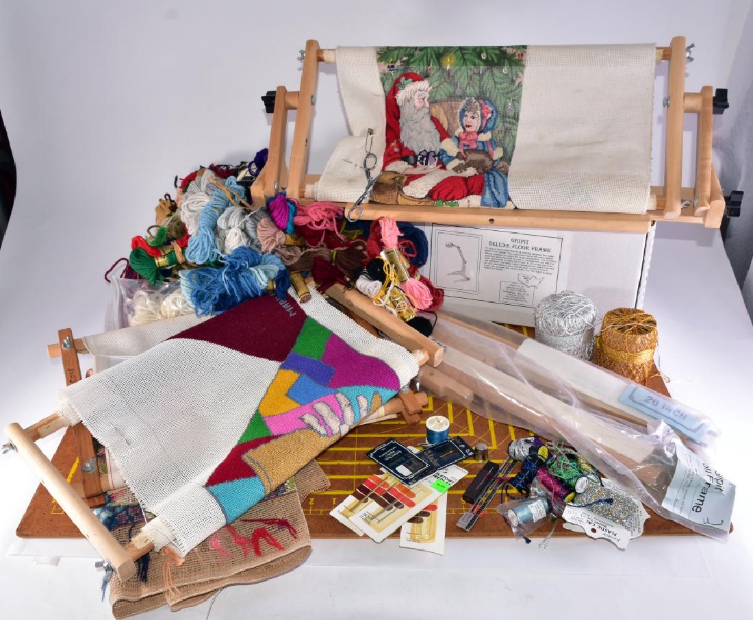 Needlepoint Frames, Projects & Yarn & Blocker: Including Gripit Floor Frame mint in box, Gripit Scroll Frame mint in package and Marie Products blocker 32" high x 24" wide.