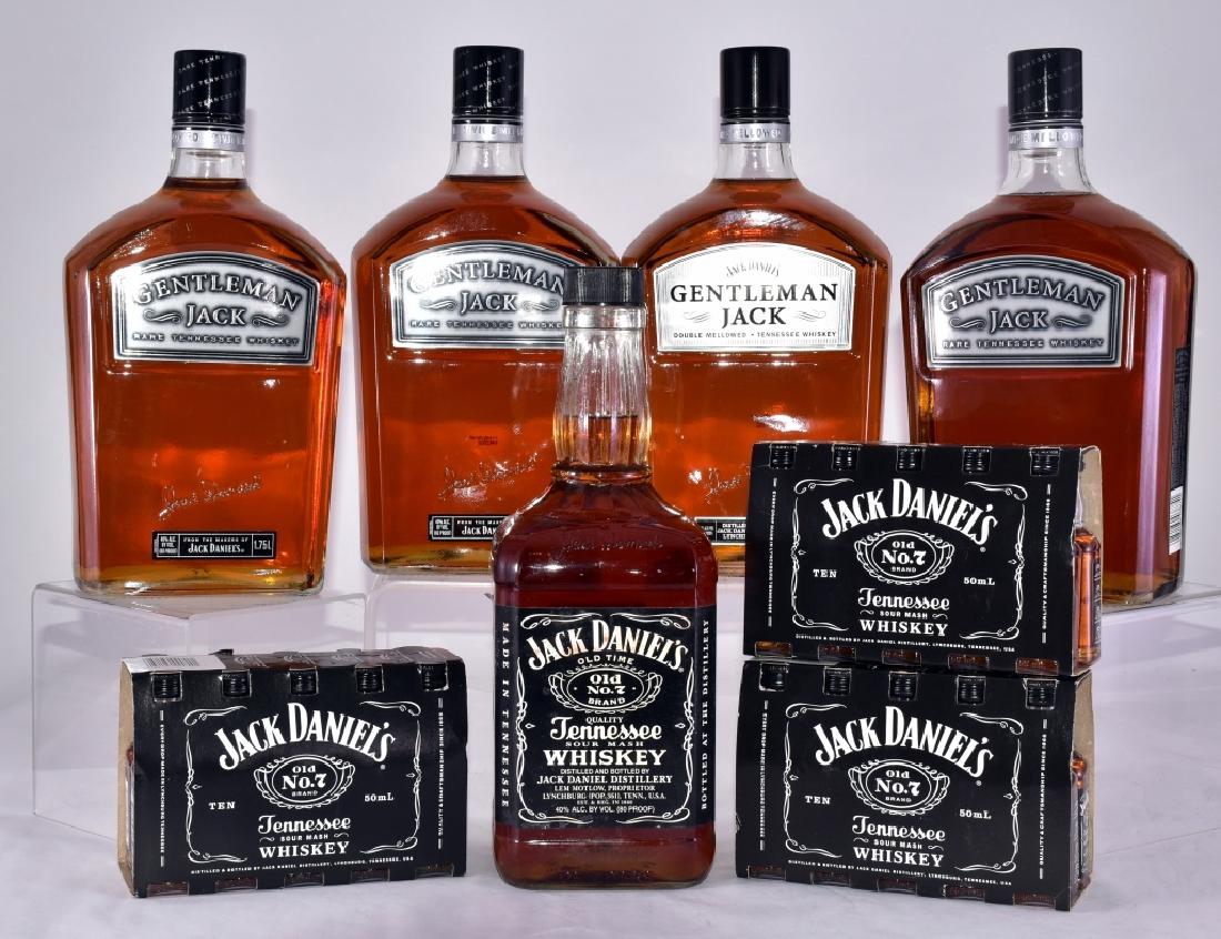 Jack Daniels Mint in Bottle Liquor Lot: Five 1.75L Gentleman Jack bottles, one 1.75L Old #7 bottle, thirty 50ml miniature Old #7 bottles. As noted in our shipping terms, alcohol cannot be shipped.