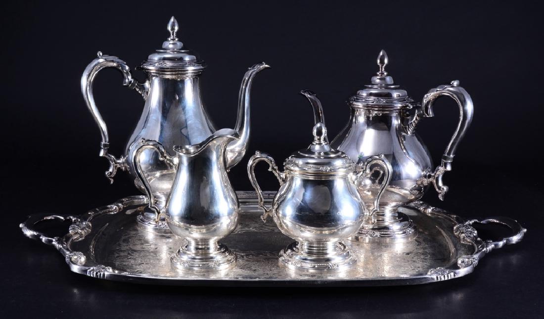 Rogers Remembrance Silverplate Tea Service w/Tray: 6-pieces: covered coffee & tea pots, creamer, covered sugar and tray (24" handle to handle).