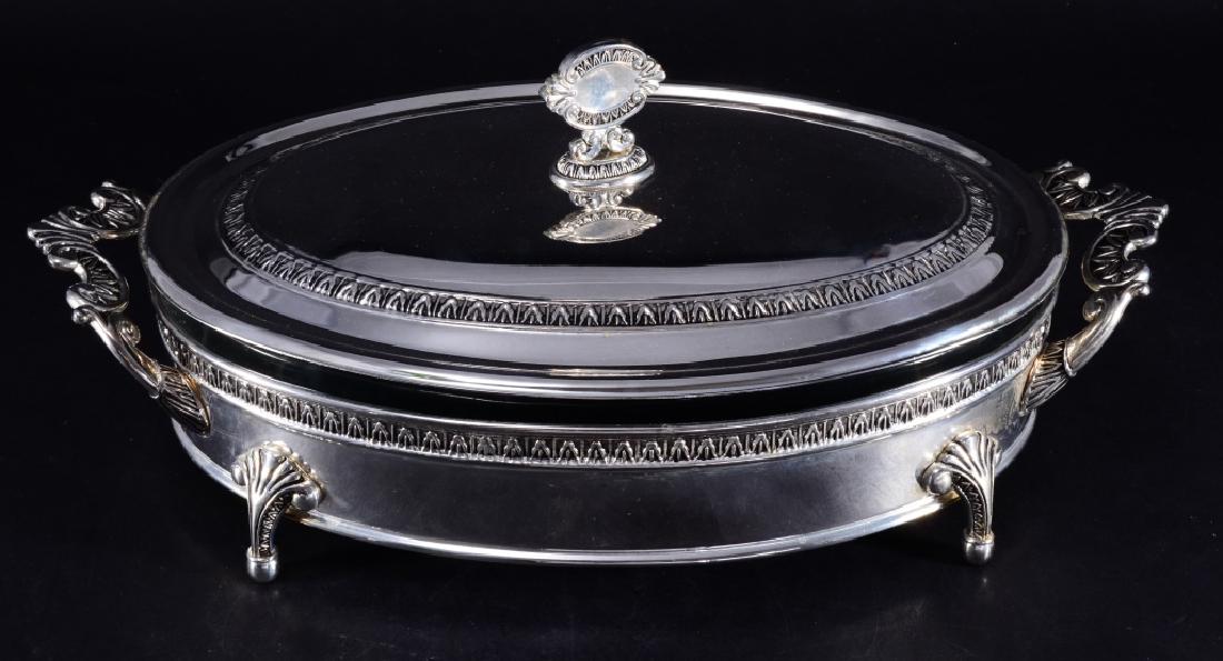 Silverplate Covered Footed Casserole w/Glass Liner: Liner marked Marinex Brazil, 17.5" handle to handle.
