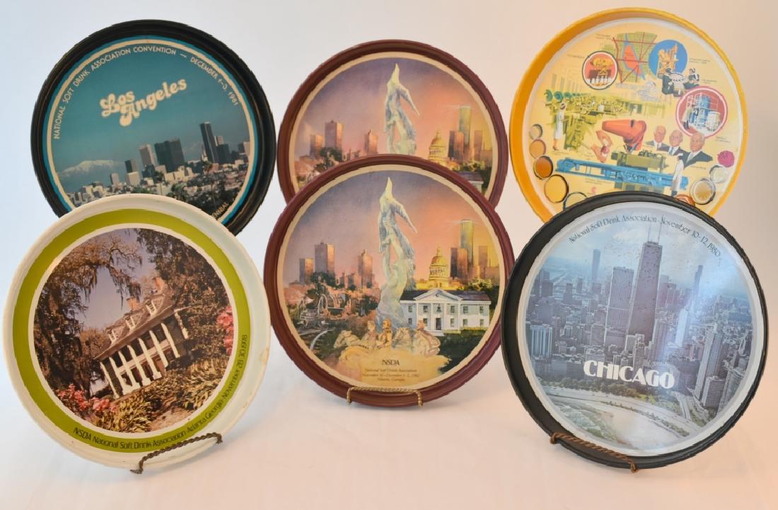 Nat'l Soft Drink Assn, Trays & Bottles Plus: NSDA trays & bottles: Chicago 1980, Los Angeles 1981 & 2 Atlanta 1982 trays & bottle together w/NSDA 1978 tray & Dallas 1979 bottle and a Continental White Cap 1st 50 years tray, trays 11.75" diameter