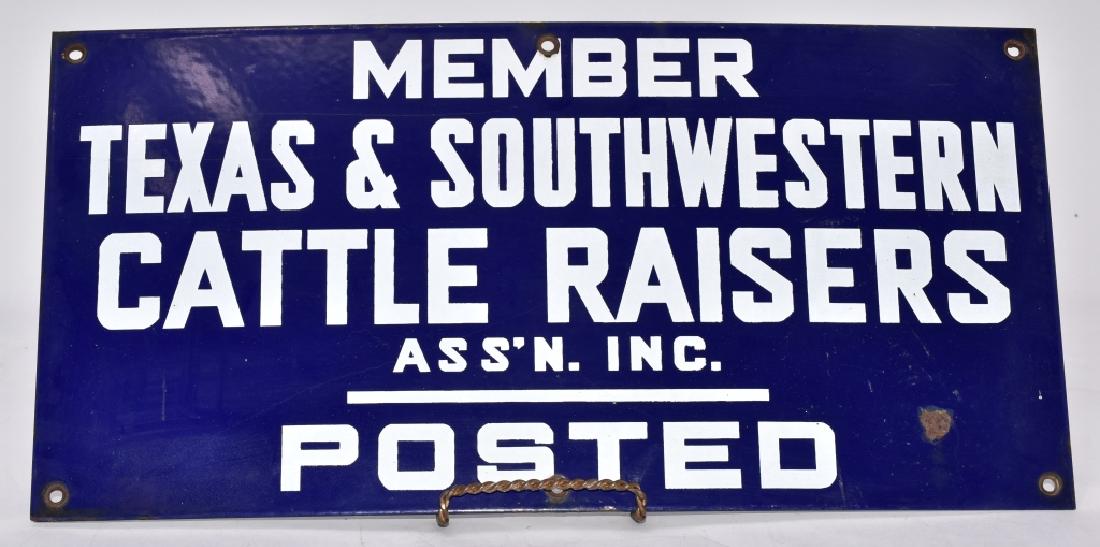 Texas & Southwestern Cattle Raisers Assn. Sign: Vintage metal posted sign, 10" high x 20" long, rust spot.