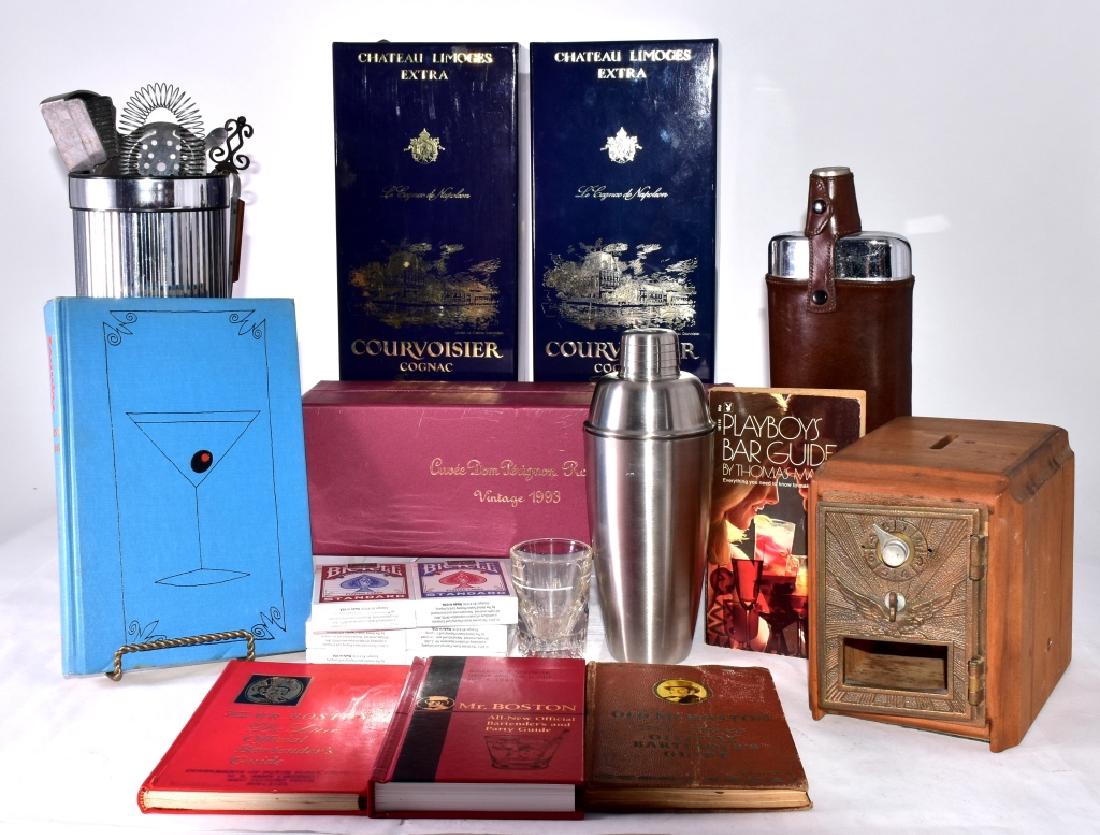 Bar Lot and Old Post Office Box Bank: Bar tools, cards, flasks, jigger, shaker, 5 bar books and 3 boxed empty collector bottles: Champagne and 2 cognacs, bank box w/glass in door missing.