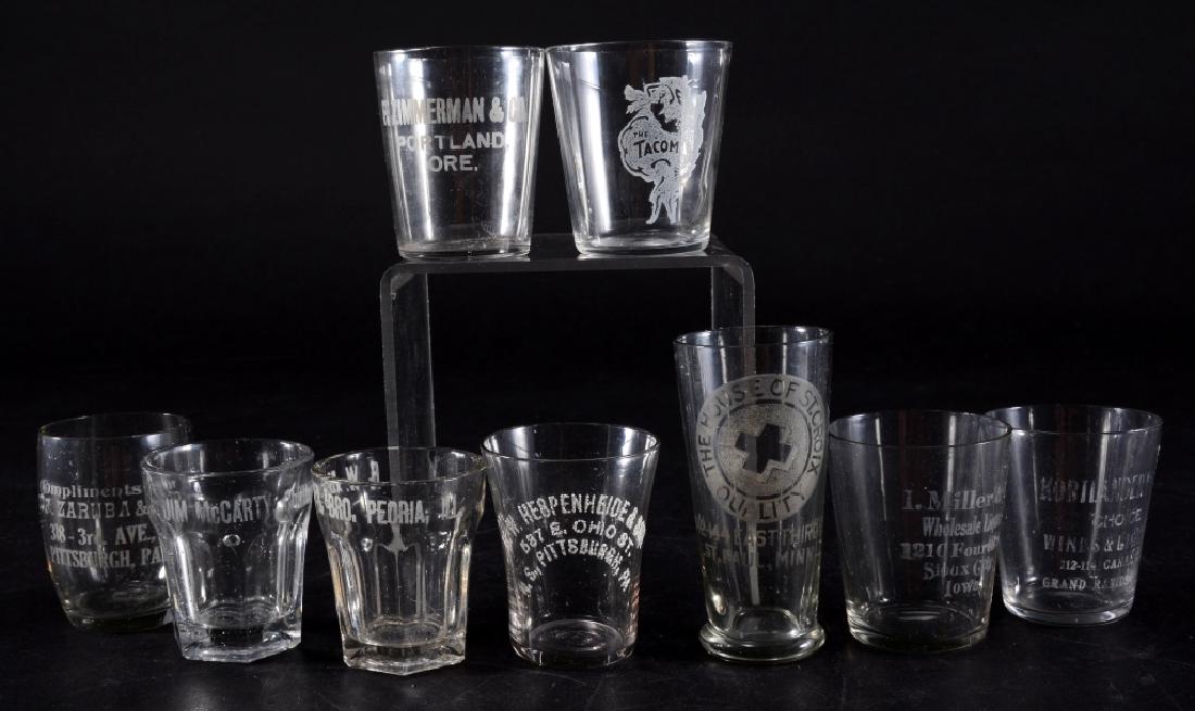 9 Vintage Advertising Shot Glasses w/Town Names: Chattanooga, Tacoma, 2 Pittsburgh, Portland, Grand Rapids, Sioux City, Peoria and 3.25" high St. Paul House of St. Croix.