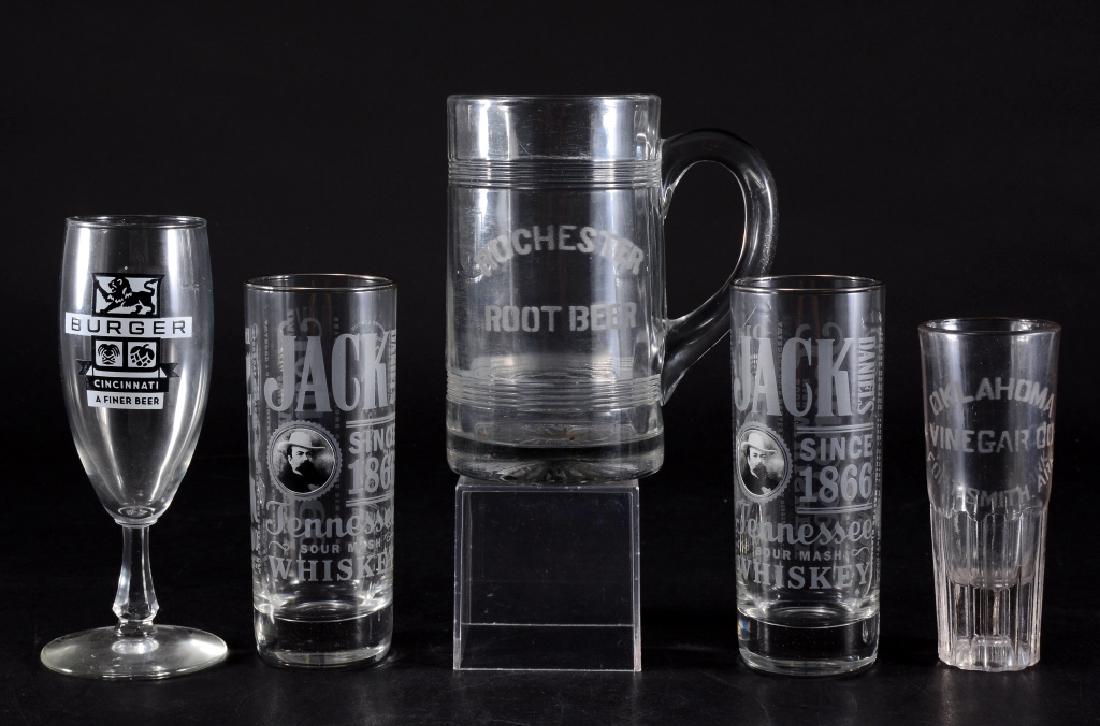 5 Vintage Advertising Beer & Spirit Glasses Plus: Burger Beer; Oklahoma Vinegar Co., Ft. Smith, Ark, 4.5" high; 2 Jack Daniels hi-ball glasses and a heavy Rochester Root Beer mug.