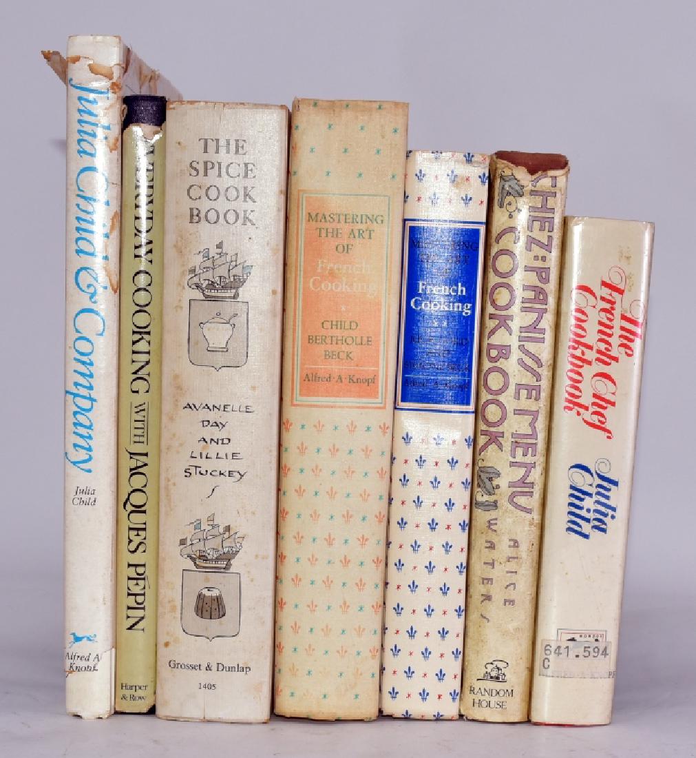7 Cookbooks: Julia Childs & Co., Everyday Cooking, Jacques Pepin, The Spice Cookbook, Mastering the Art of French Cooking, Chez: Panisse Menu Cookbook, French Cooking and Julia Childs French Chef Cookbook.