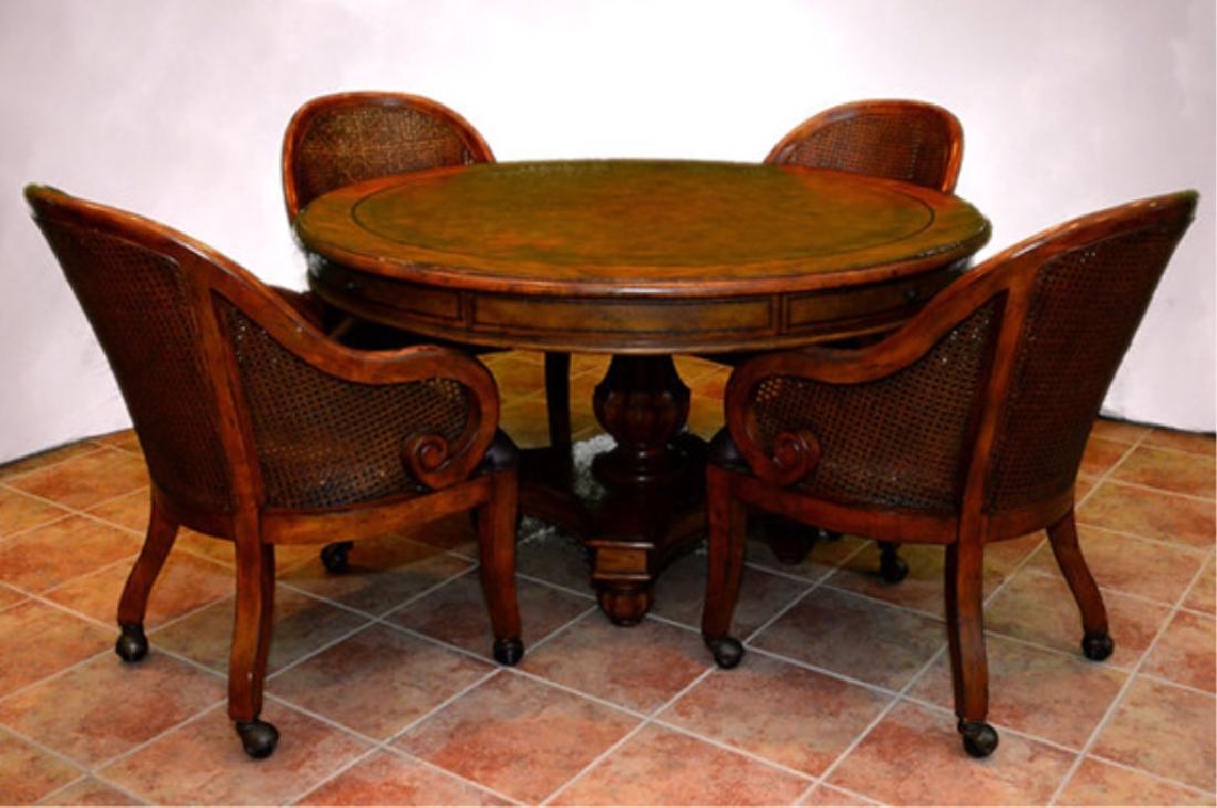 Game Table & 4 Cane Back Chairs: Table 54" diameter x 31.5" high together w/chairs having scrolling arms w/casters & caned back (w/French cane) & sides, King Group Furniture Co., 36" center back height.