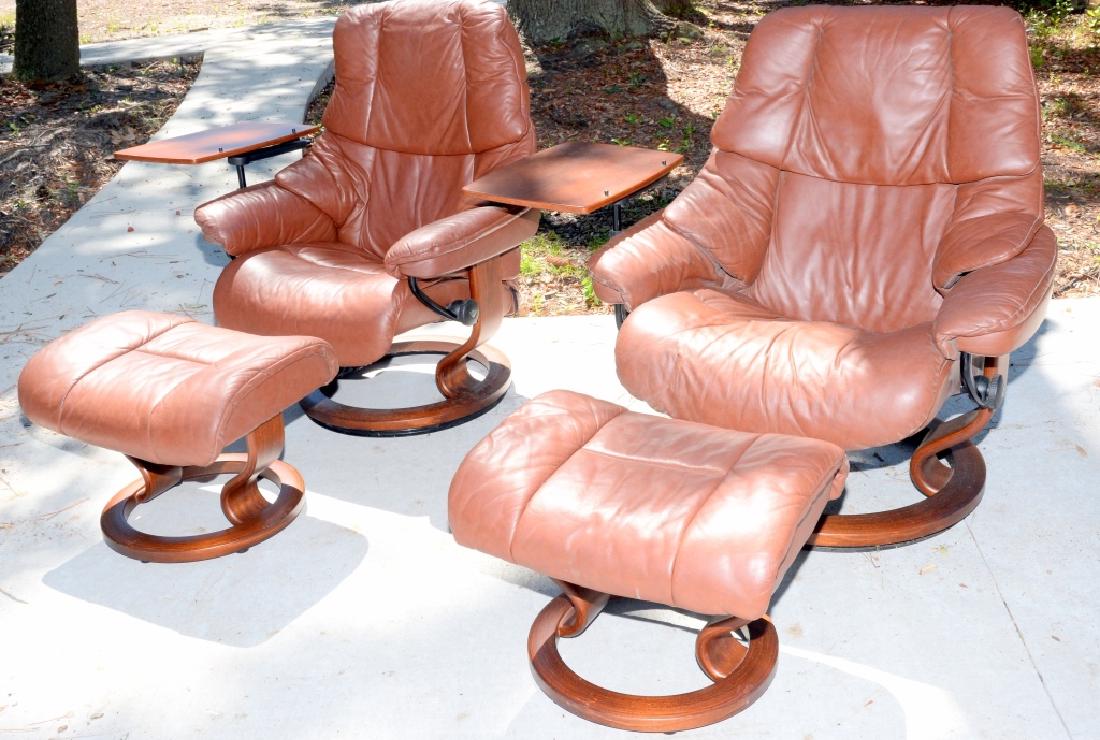 Two J E Ekornes Stressless Recliners & Ottomans: MId-Century Modern, writing arms & Classic Base, 33" wide x 22" deep x 39" center back height, Norway, .