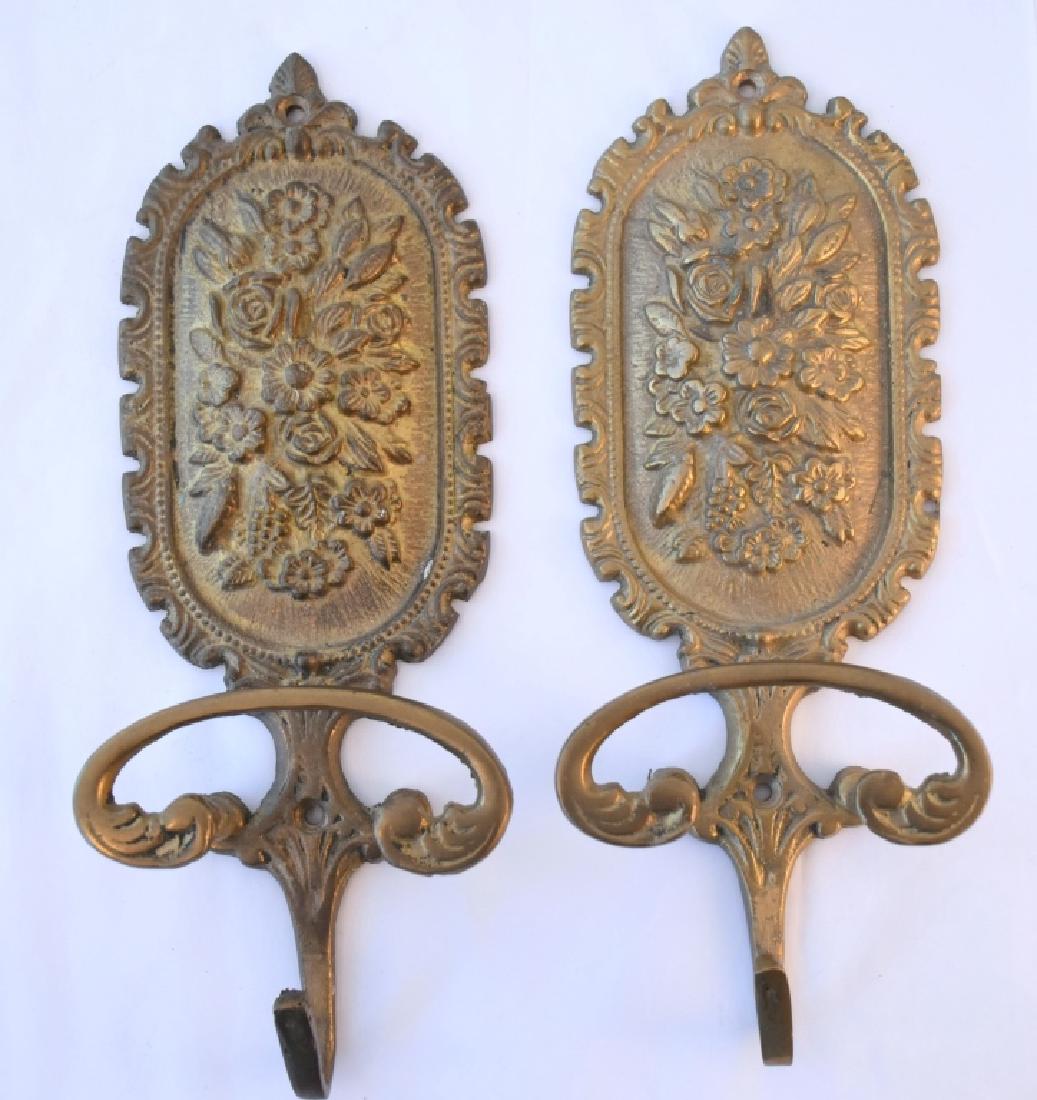 Pair Vintage Brass Decorative Floral Wall Hooks: 4" wide x 10.5" high.