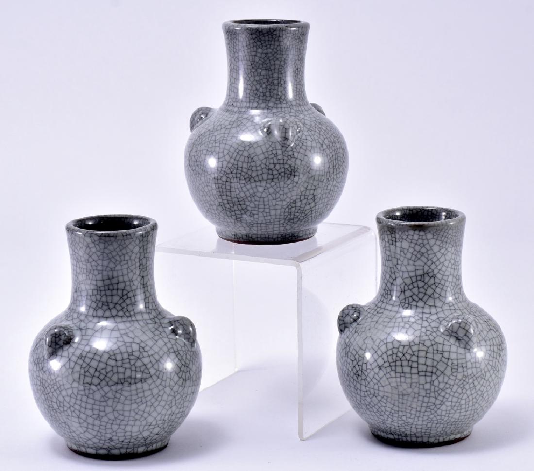 Three Ge Ware Oriental Vases: Crackle glaze, 3 molded knobs on each, 4.75" high.