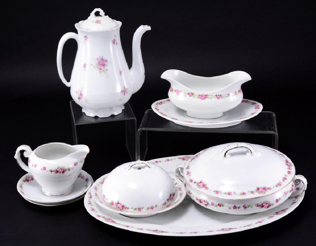 Victoria Austria China Serving Pieces w/Roses: 16.5" long platter covered casserole, creamer, gravy w/underplate, butter w/lid, 2 saucers and tea/coffee pot.