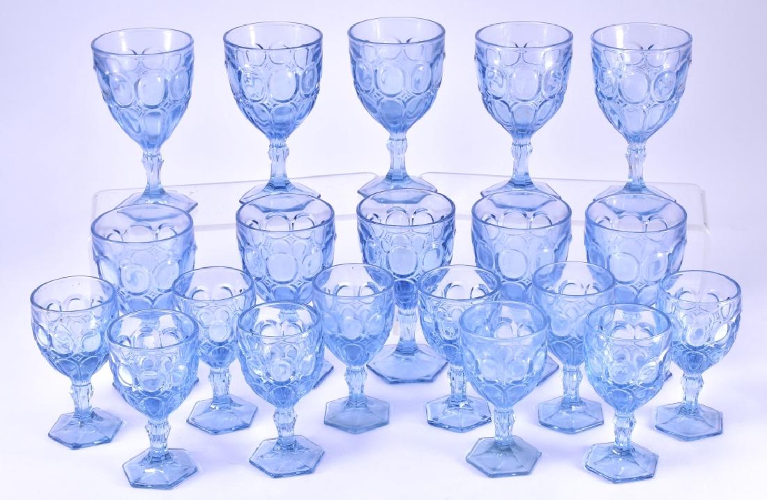 Fostoria Moonstone Light Blue Glassware: Ten 6.5" high waters and ten 5.25" high wines, 1974-1982.