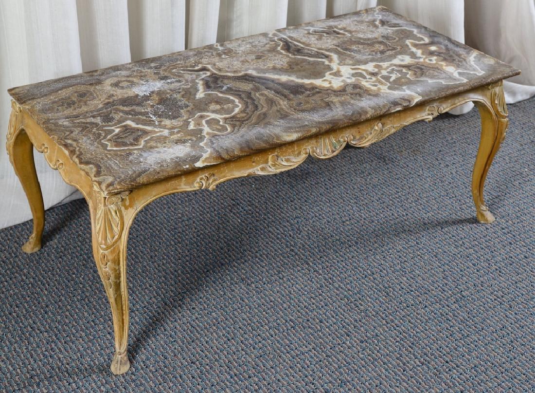 Mexican Onyx Top Coffee Table: Cabriole legs ending in hoof feet, shaped & carved apron, 39" L x 19 1/2" W x 16" T.