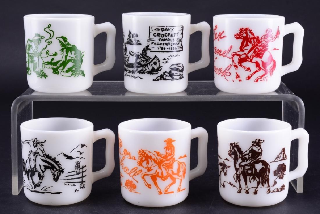 5 Vintage Hazel Atlas Tex Mugs plus 1 Unmarked: Tex at the Rodeo, on the Trail, at the Roundup, Tex the Marshall and Tex & Hank together w/odd Davy Crockett.