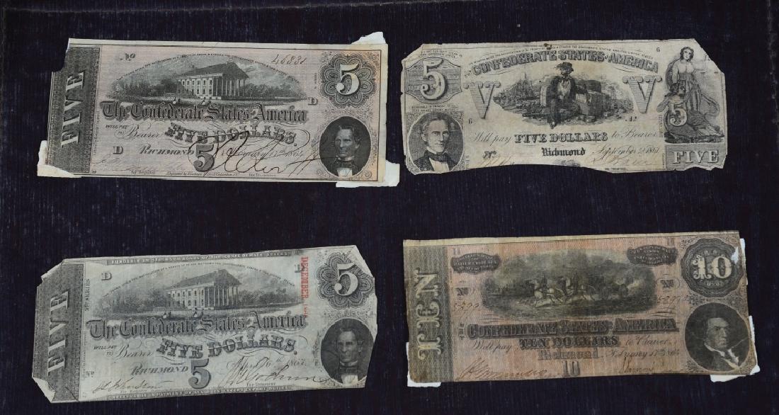 Four Confederate Bills: Three $5.00 and one $10.00, all marked Richmond, VA, as found.