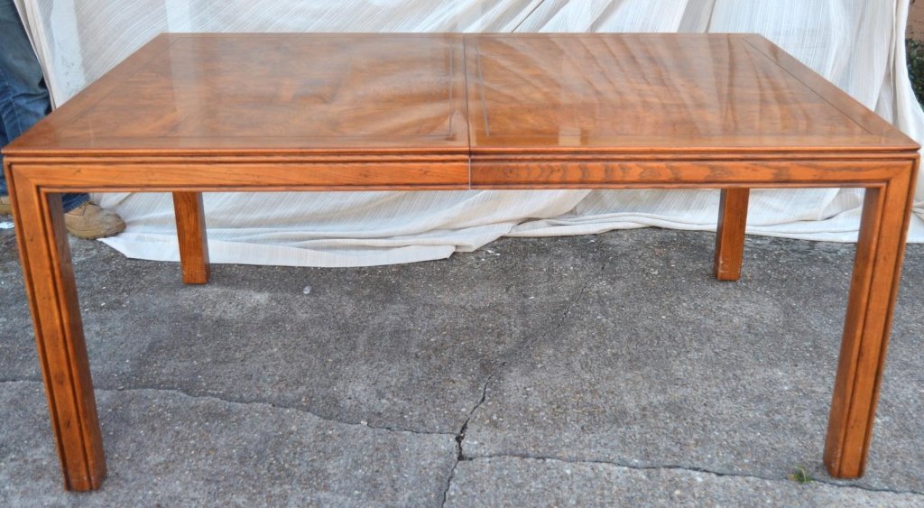 Henredon Burl Wood Dining Table w/2 Leaves: Leaves w/aprons, straight square legs, 41 7/8" wide x 66" long (plus two 22" leaves) x 29 1/4" high, leaves darker.