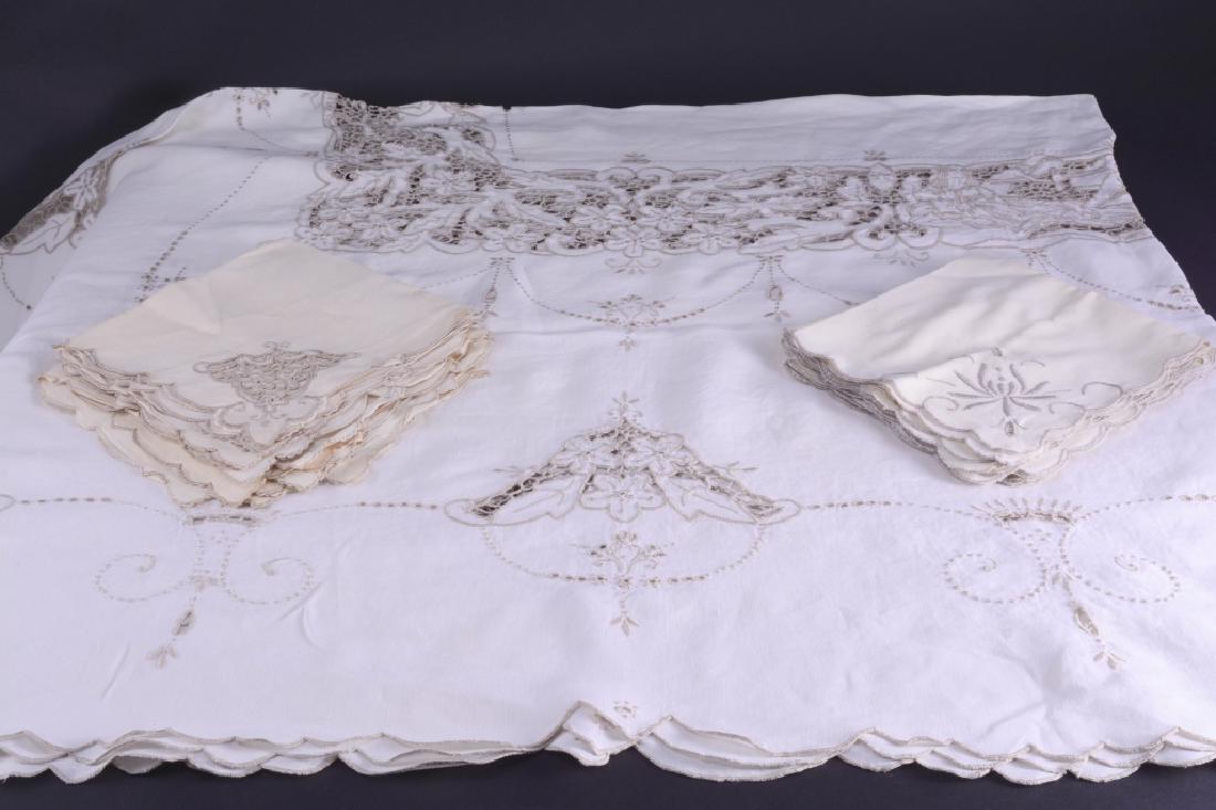 Ecru Cut Work Mars & Venus Tablecloth & Napkins: Linen tablecloth 96" x 66" w/6 matching napkins and 8 napkins in two different patterns.