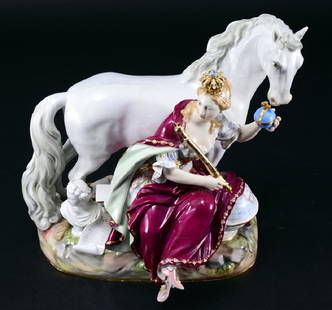 Meissen Allegorical Figural Group, "Europe": One of the Four Continents series modeled by Johann Freidrich Eberlein o f crowned woman seated before a white horse, flanked by a globe, trophies and emblems of the arts holding a scepter to her shou