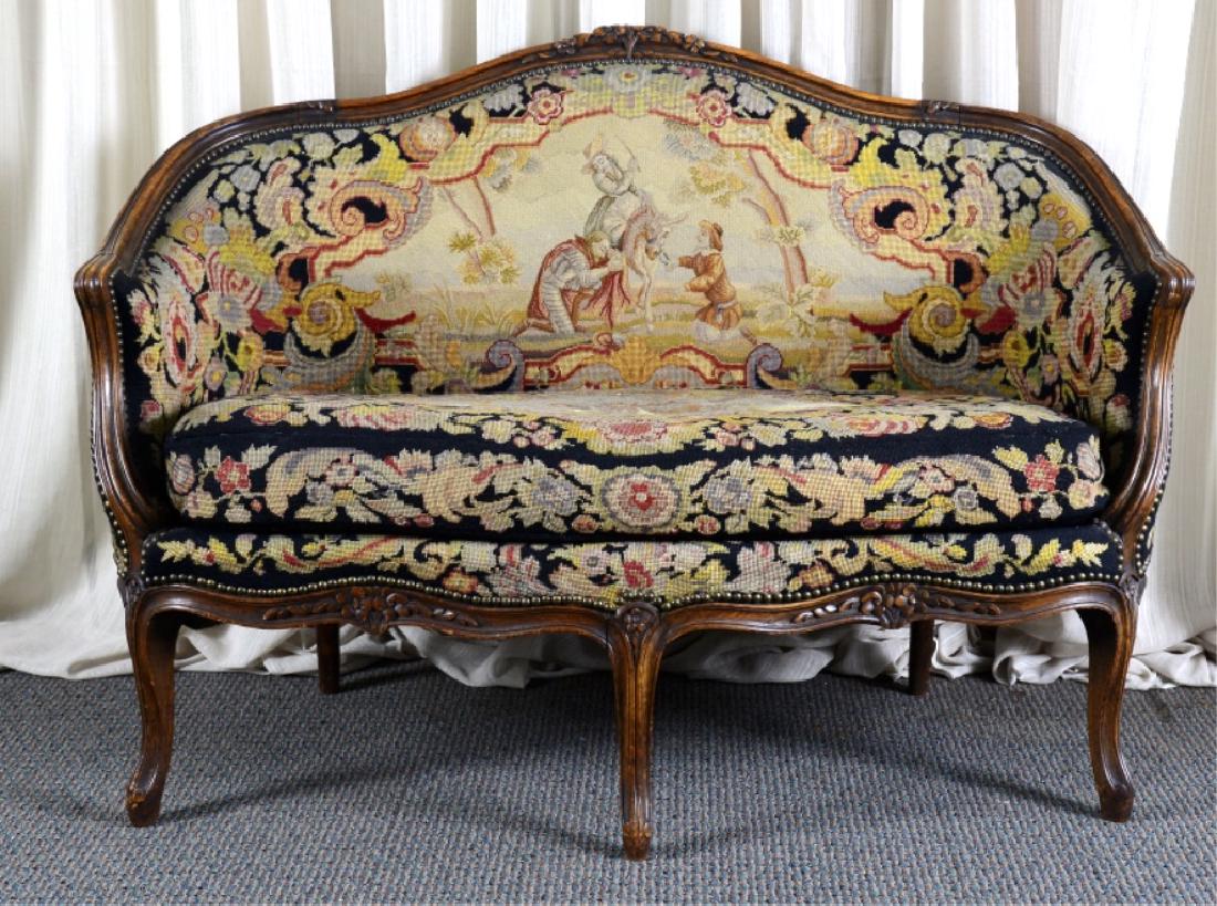 Tapestry Needle Point Settee: Woman on Donkey, 36 5/8" high x 50 3/4" wide x 18 3/4" deep. Small hole in back.