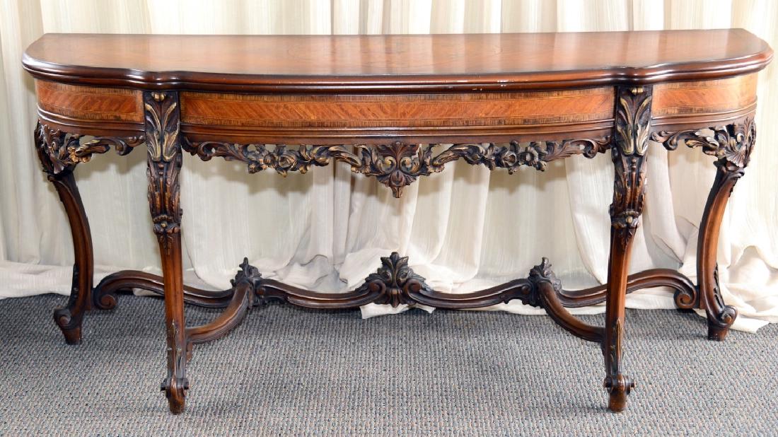 Vintage Folding Sideboard Dining Table: Marquetry & stringing, one drawer, shaped flip top, 65 1/8" long x 19 1/2" folded & 39" open x 30 3/4" tall.