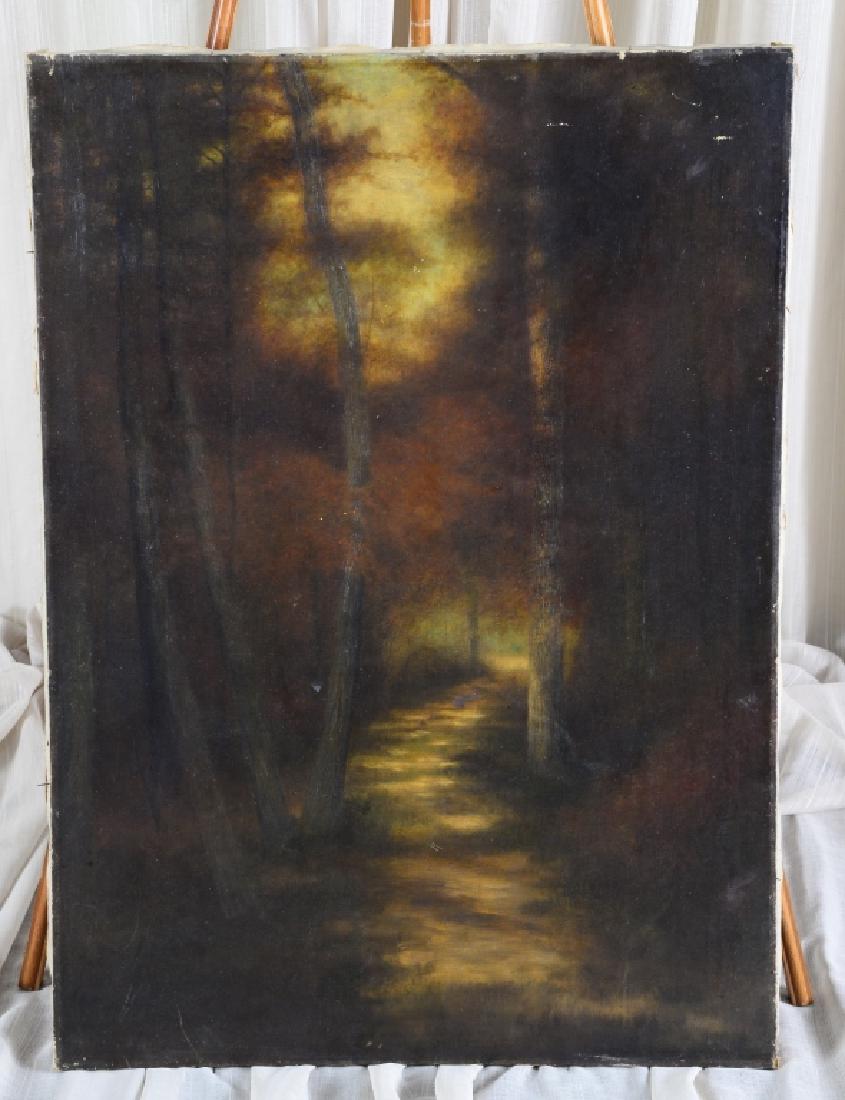 Signed Ben Austrian Path in the Wood Painting: Inscribed on back "Autumn's Glow sold to Thomas Ball and Mrs. Ball. I love this painting and glad these dear people possess it. Painted by Ben Austrian.", unframed on canvas 36 1/4" high x 26" wide.