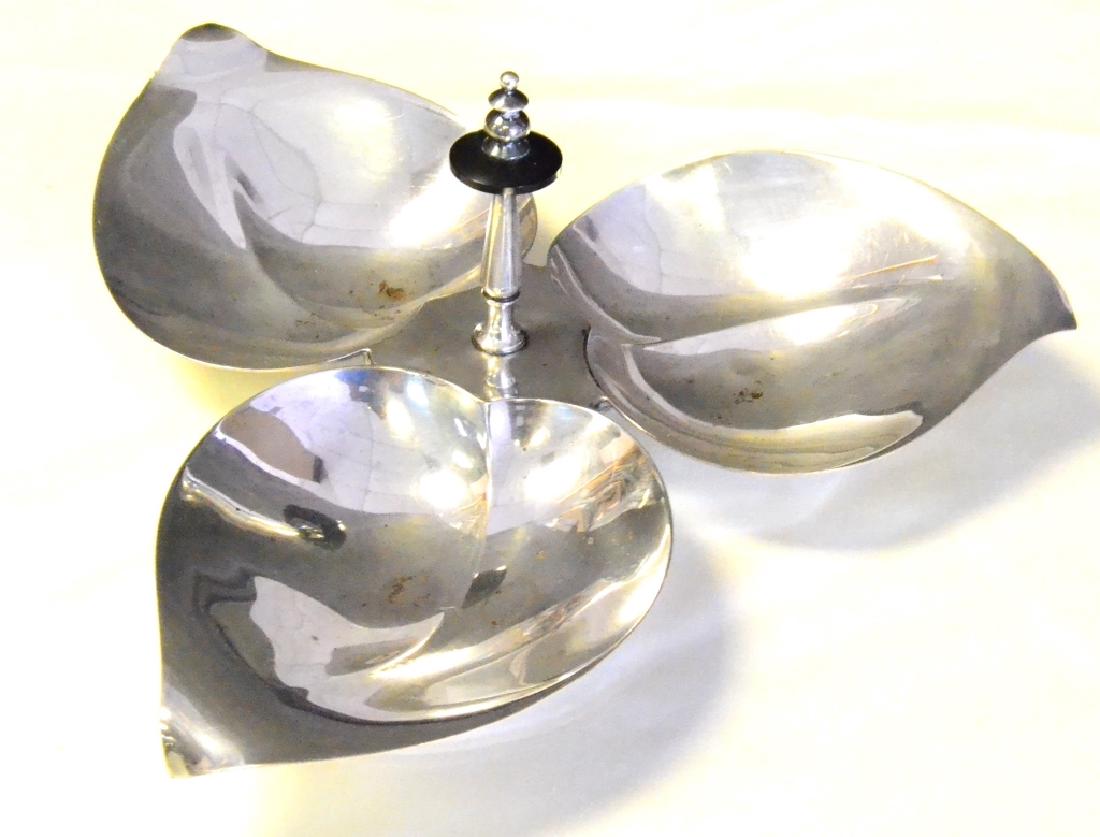 Silver on Copper 3-Leaf Dish: Approximately 9.5" wide.