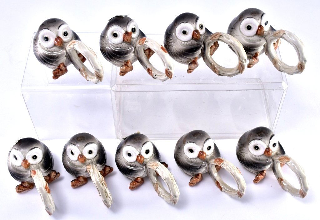 9 Fitz & Floyd Owl Napkin Rings: 4" wide x 2 1/4" tall.