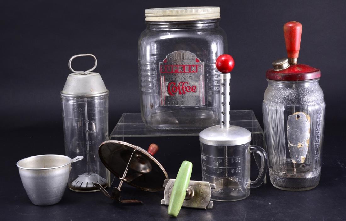 Vintage Bottle Mixers, Openers, Coffee Jars & More: Duraglass mixer bottle w/press, red wood handle 11" tall; Hazel-Atlas12 oz. malted milk mixer, 8 3/4" tall; Hazel-Adams 8 oz. measuring cup w/chopper attachment. 8 1/2" tall; two 8 1/4" tall coffee ja
