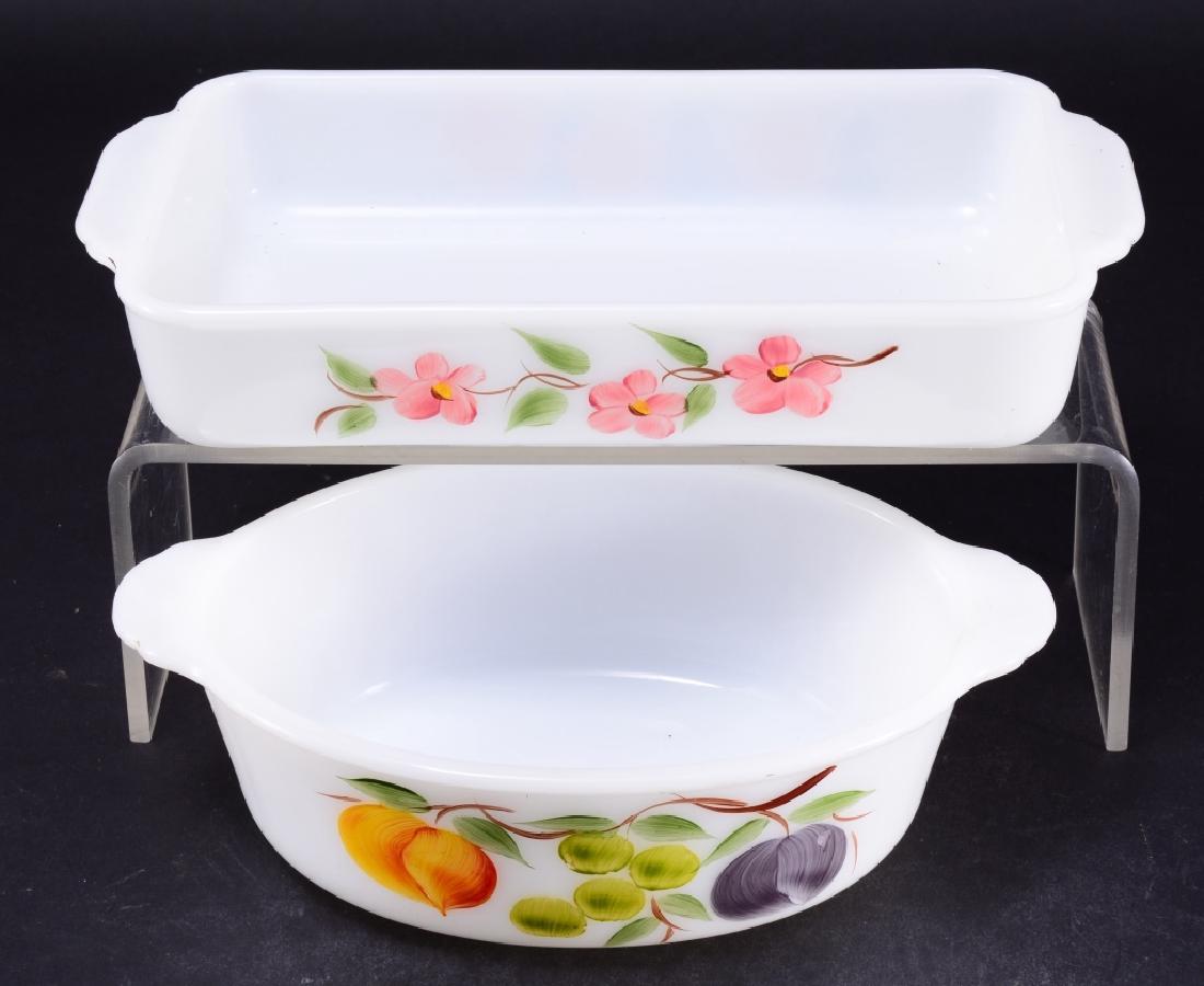 Fire King Handpainted "Anchorwhite" Ovenware: Anchor Hocking,1 1/2 Qt. Pink Dogwood baking dish and 1 1/2 Qt Fruits casserole dish.