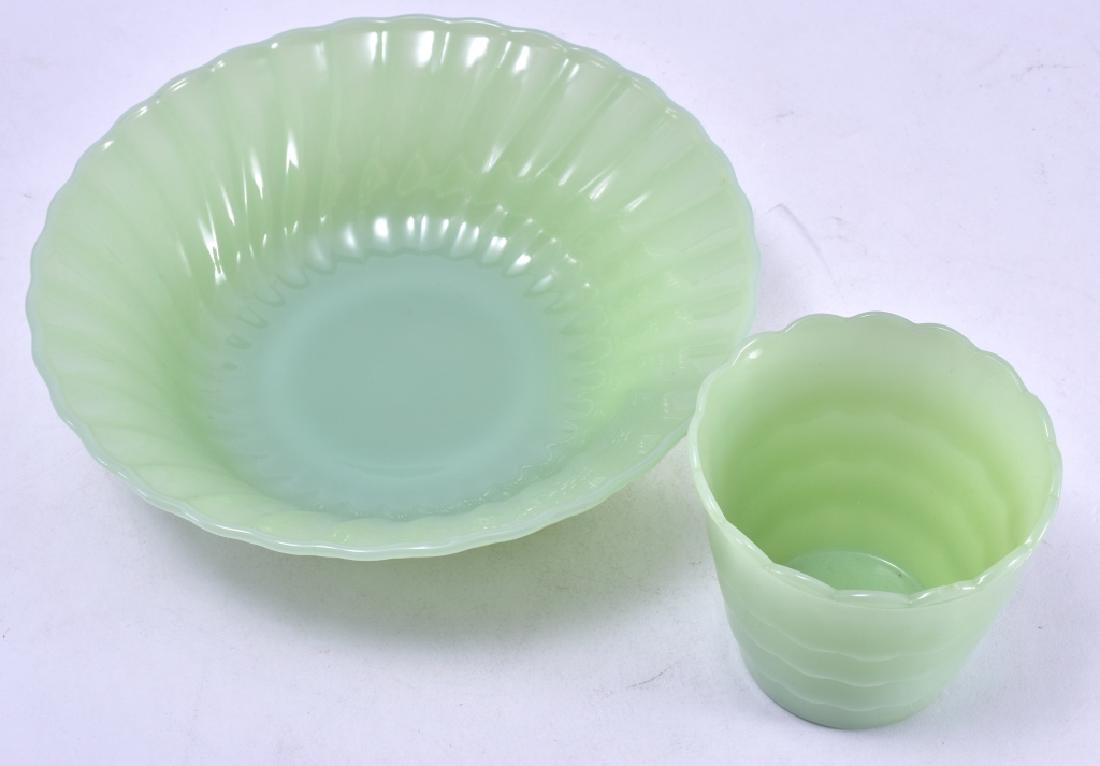 Fire King Jade-Ite Flower Pot & Bowl: 3 1/2" tall ruffled flower pot and 8" swirl bowl.