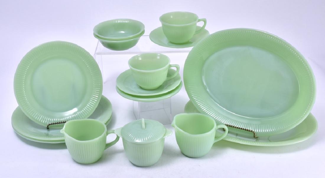 Fire King Jade-Ite "Jane-Ray" Dinnerware: Two 8 oz. cups, 3 saucers, salad plate, 2 dinner plates, two 9" x 12" platters, sugar w/lid, 2 creamers, extra sugar lid.