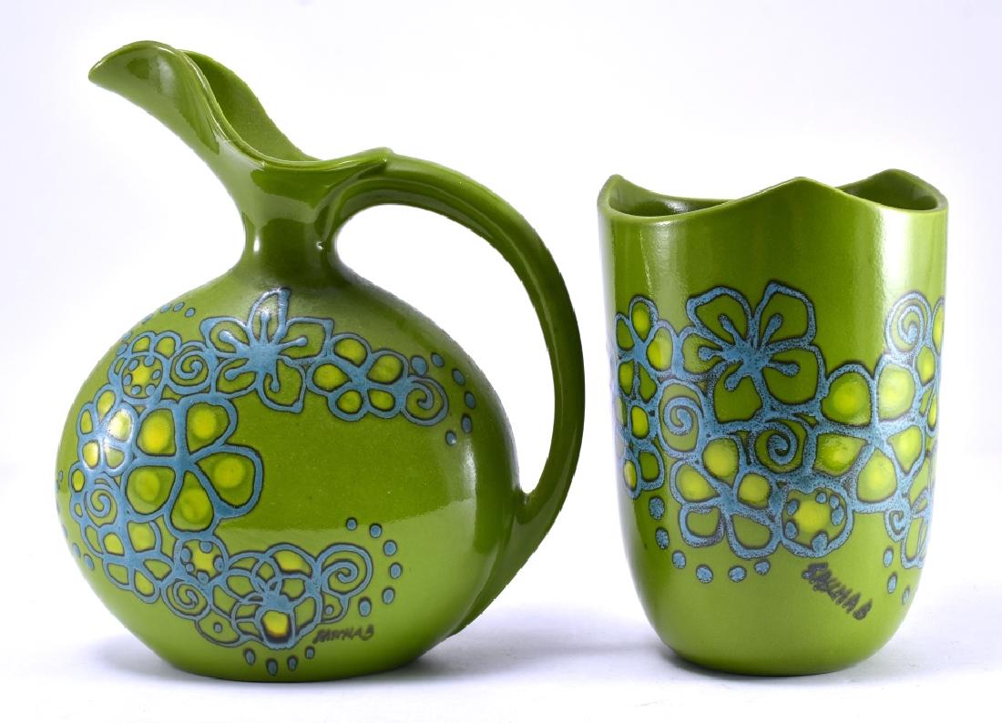 Sascha Brastoff Green & Blue Pitcher and Vase: Ceramic; Pitcher 11" tall, vase 8 1/2" tall. Signed Sascha B; marked on bottom: Made Especially For Irvindale Dairies.