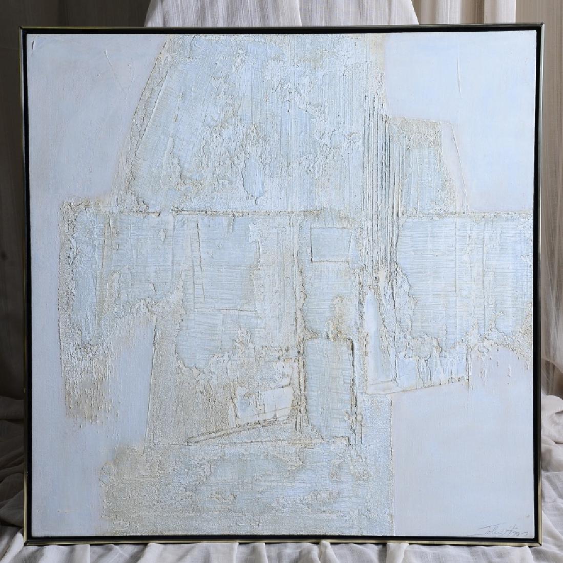 John Higgs White Abstract Painting on Canvas: Signed lower right, sight 42" high x 42" wide, framed 43" high x 43" wide.